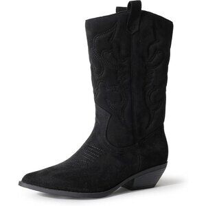 Women Polyurethane Black Suede Mid Calf Low Heel Pointed Toe Western Boot